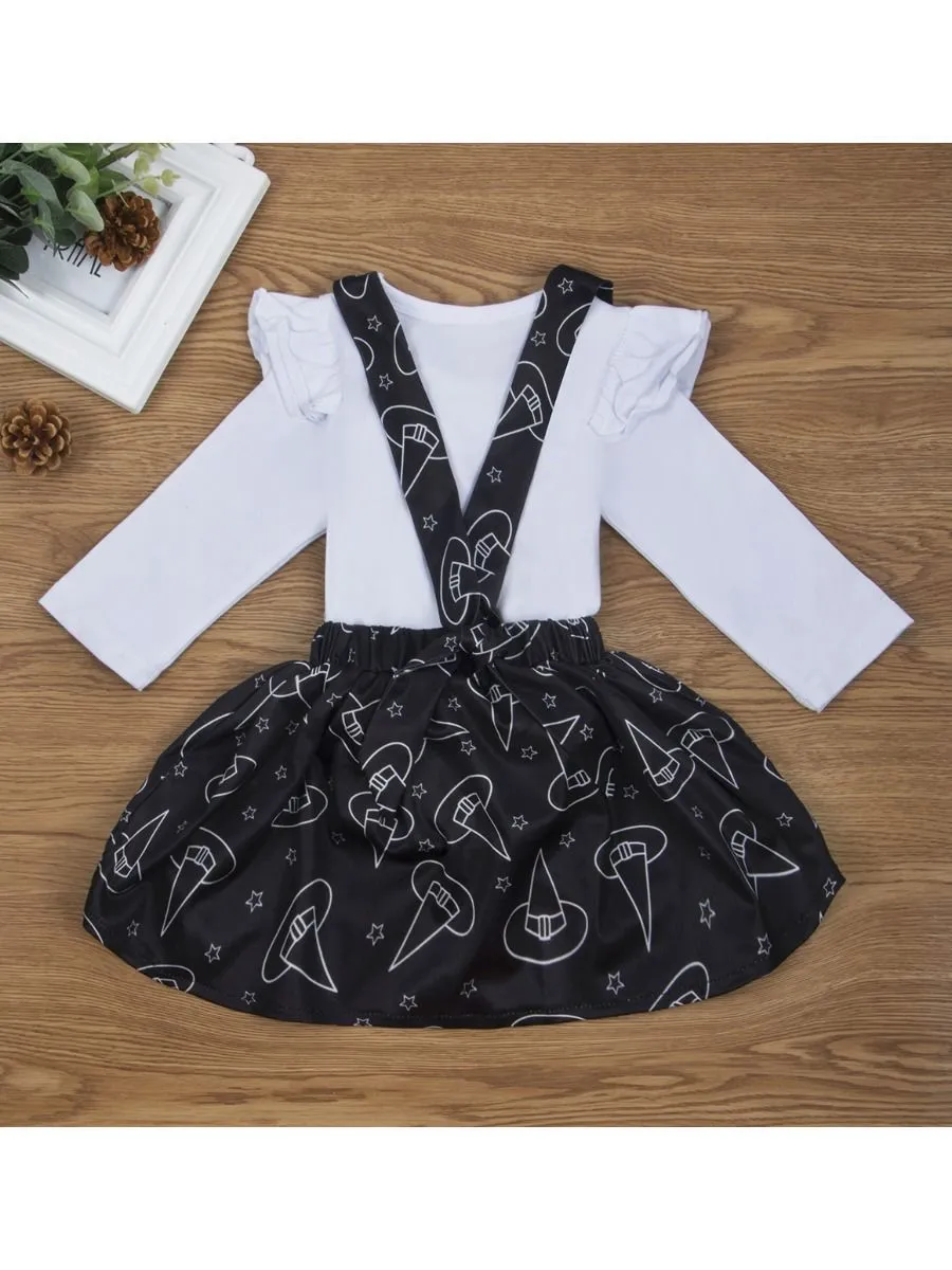 2-Piece Baby Girl Halloween Outfits White Romper Suspender Skirt