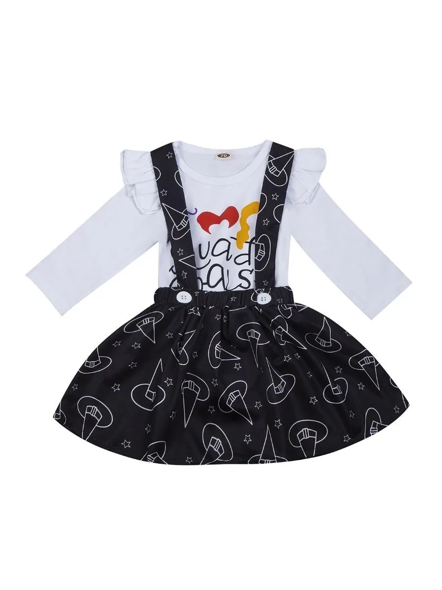 2-Piece Baby Girl Halloween Outfits White Romper Suspender Skirt