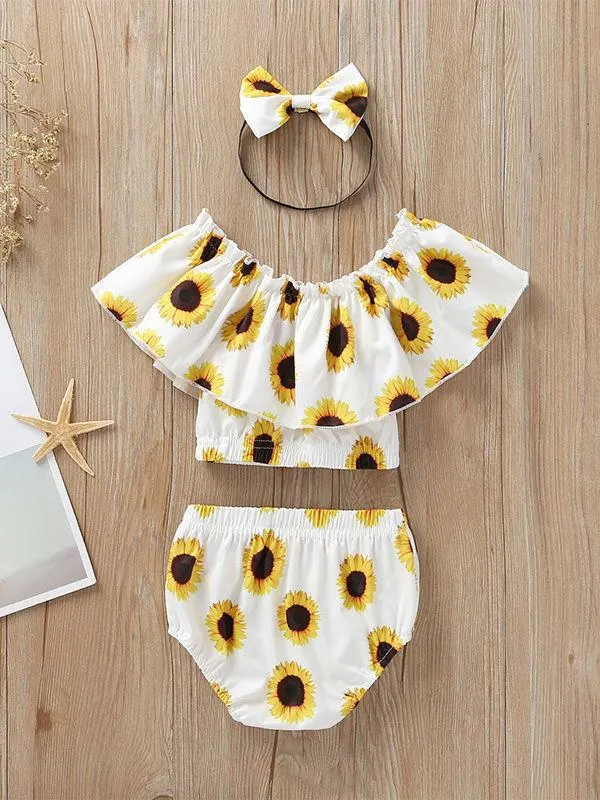 3-Piece Sunflower Printed Baby Girl Outfit Off Shoulder Top Shorts Headband