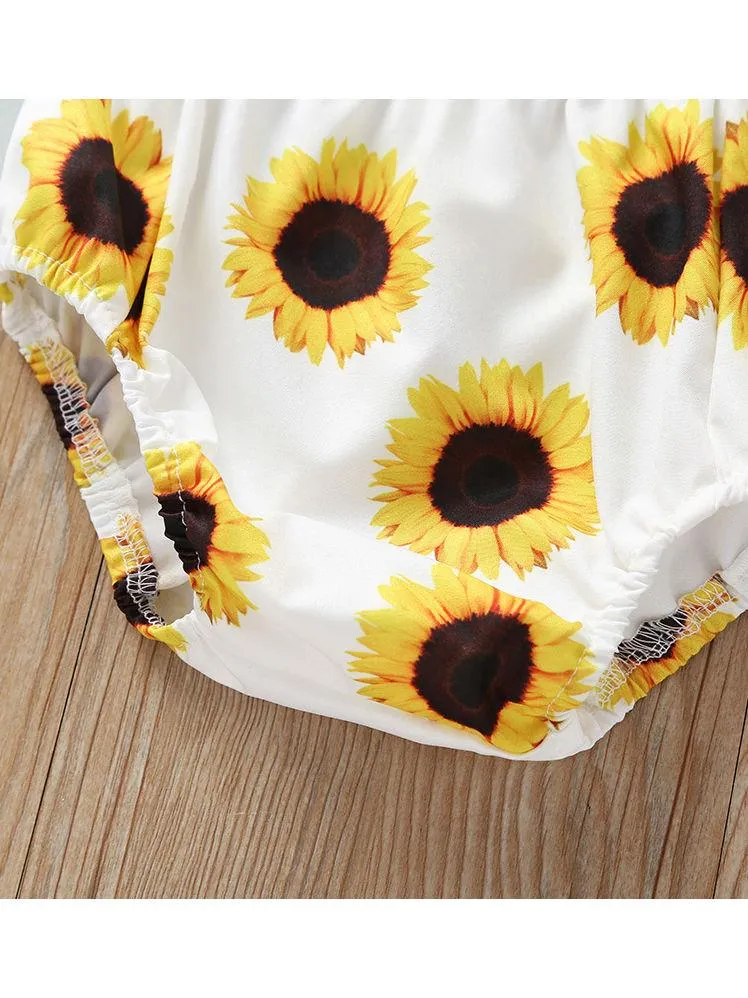 3-Piece Sunflower Printed Baby Girl Outfit Off Shoulder Top Shorts Headband