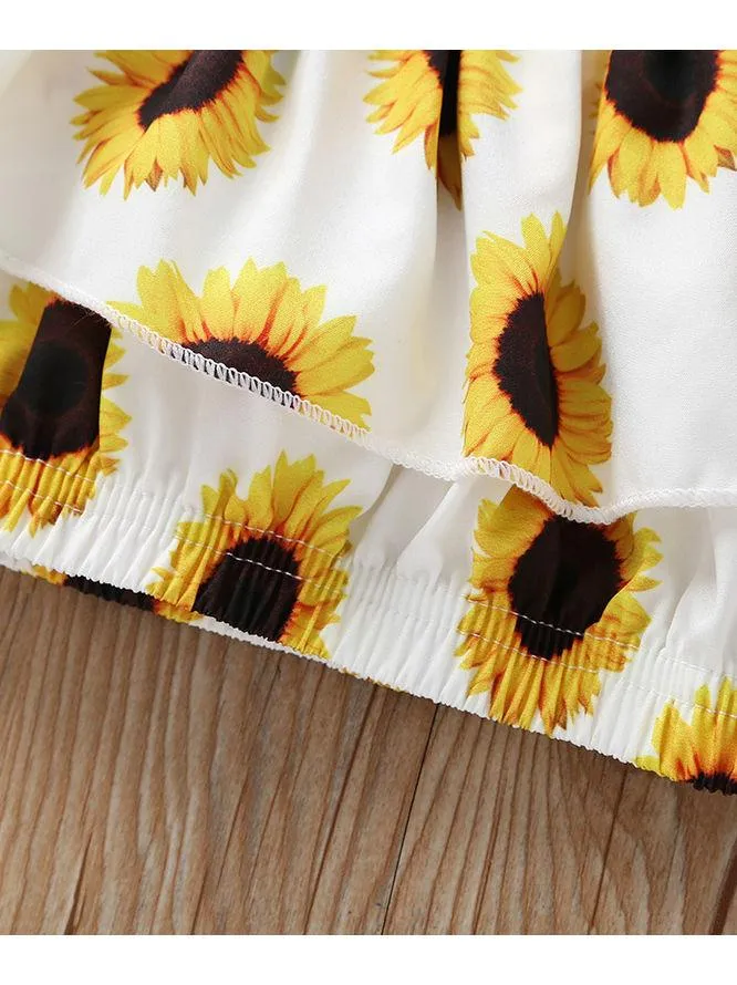 3-Piece Sunflower Printed Baby Girl Outfit Off Shoulder Top Shorts Headband