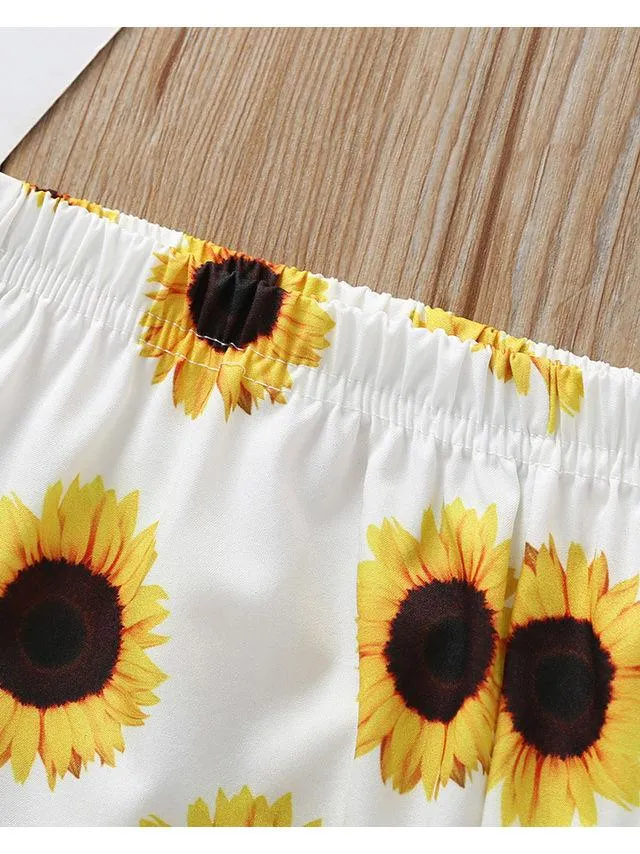 3-Piece Sunflower Printed Baby Girl Outfit Off Shoulder Top Shorts Headband