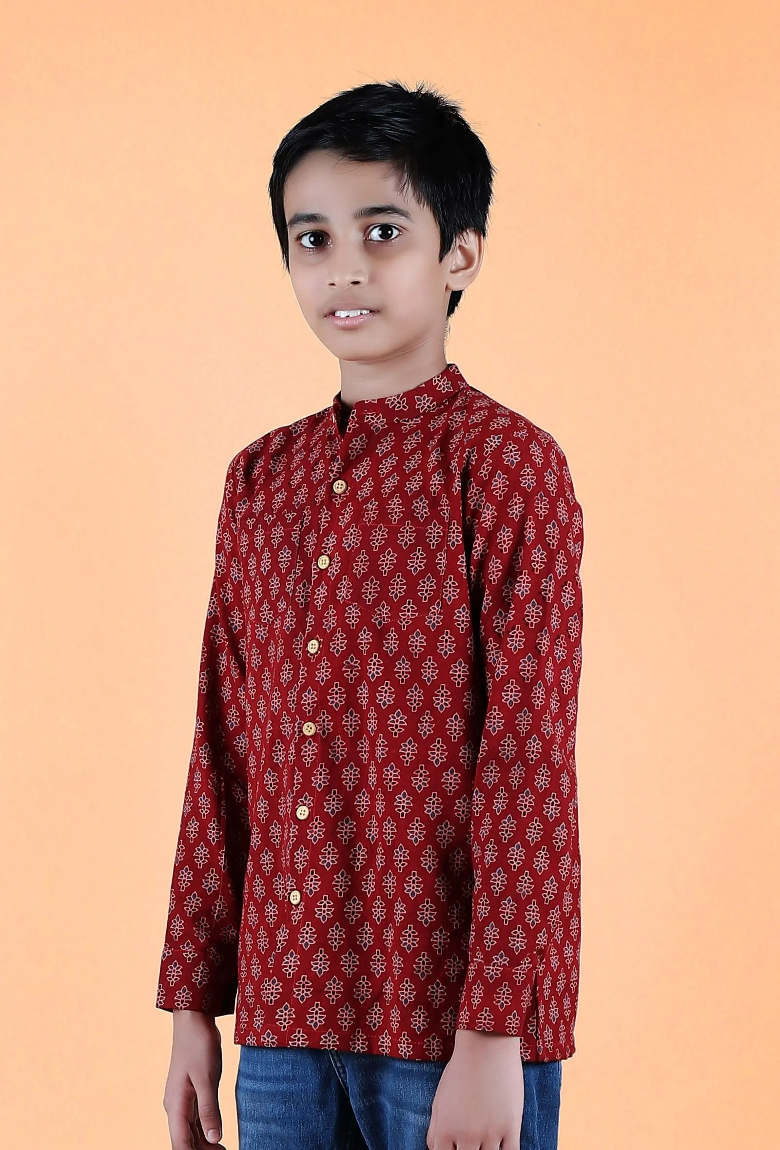 Aaron Madder Red Ajrakh Print Cotton Super Short Kurta