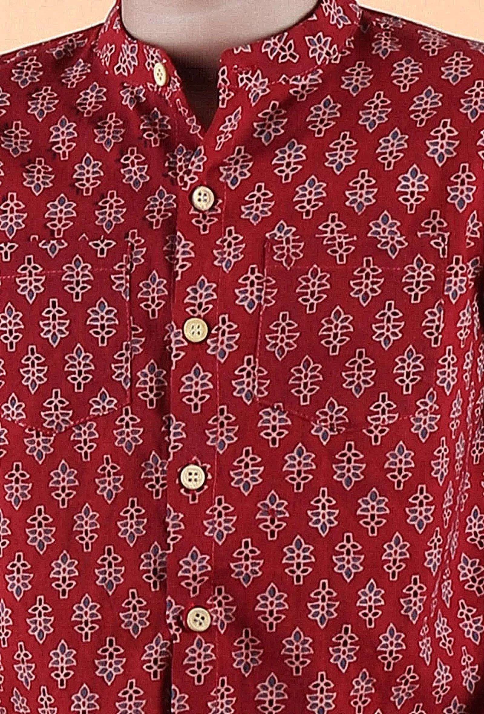 Aaron Madder Red Ajrakh Print Cotton Super Short Kurta