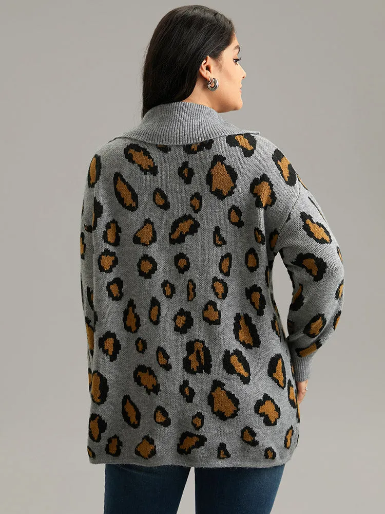 Anti-Pilling Leopard PrintLapel Collar Button Detail Pullover