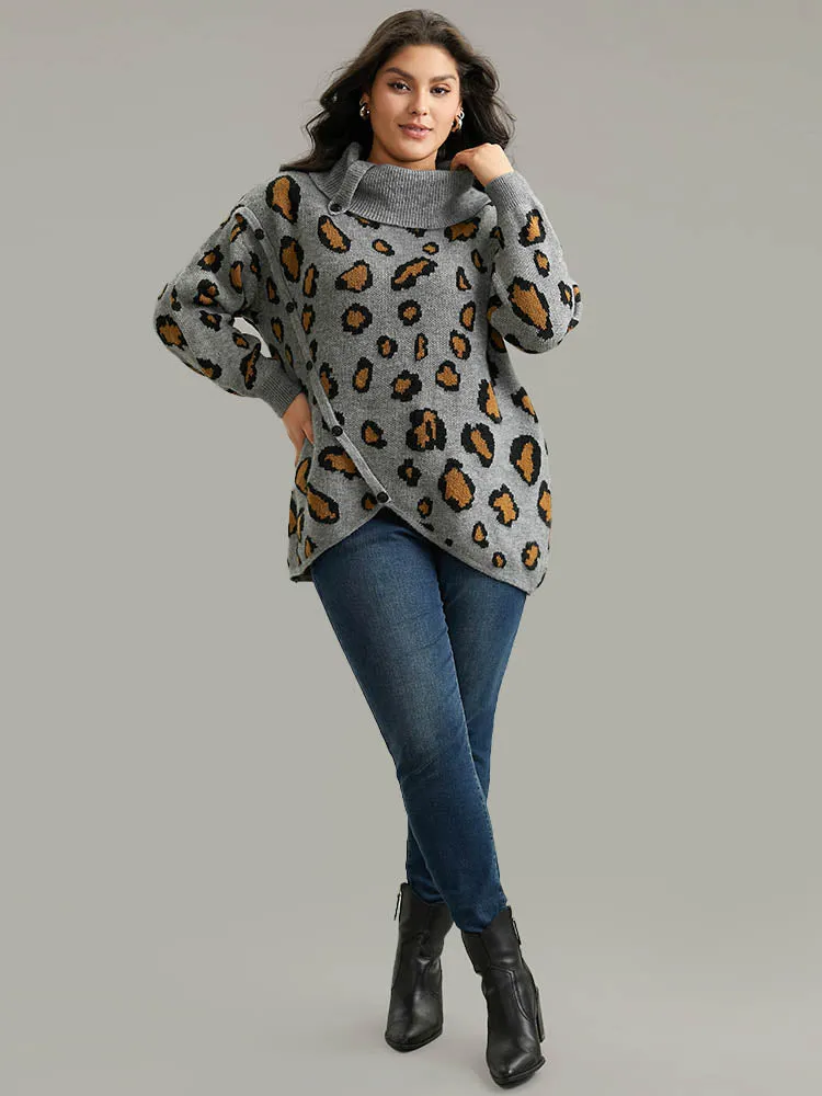 Anti-Pilling Leopard PrintLapel Collar Button Detail Pullover