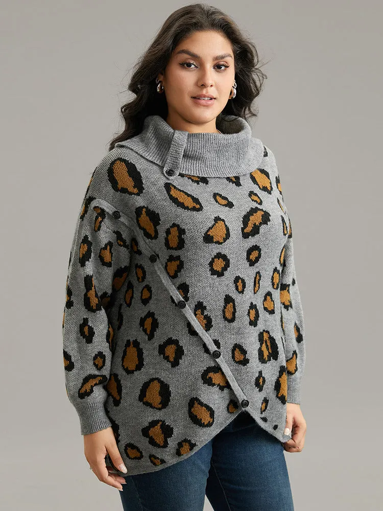 Anti-Pilling Leopard PrintLapel Collar Button Detail Pullover