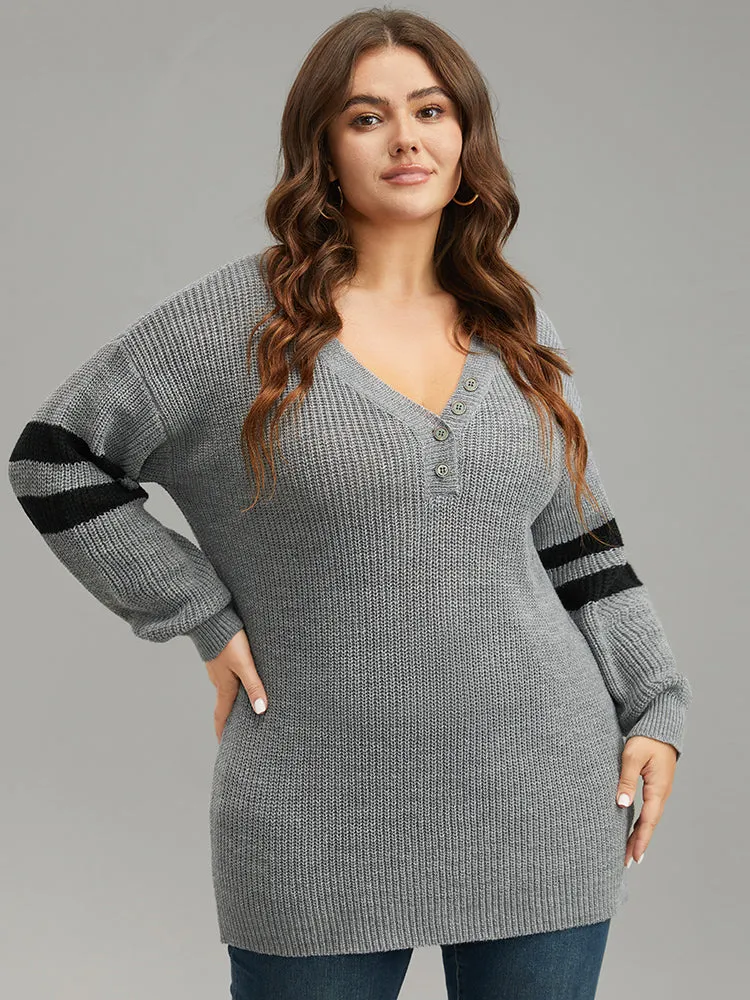 Anti-Pilling Striped Button Detail Pullover