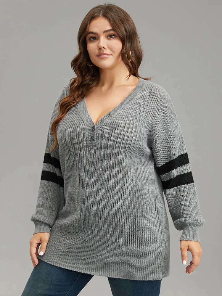 Anti-Pilling Striped Button Detail Pullover