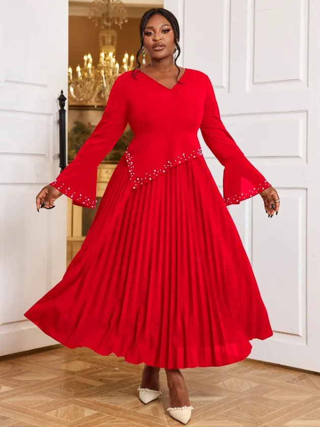 AOMEIDRESS Beading Pleated A Line Dress V Neck Long Flare Sleeve Maxi