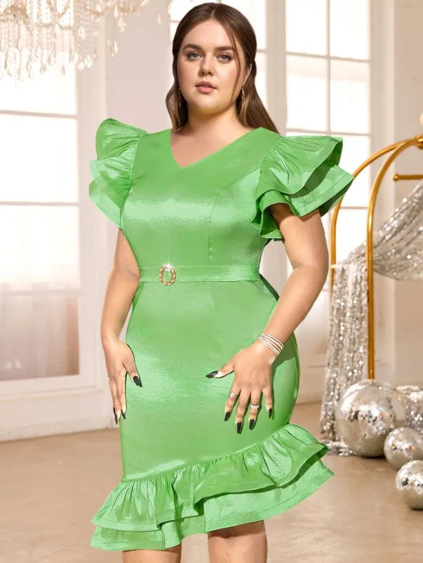 AOMEIDRESS Green Shiny Satin Dress V Neck Ruffle Sleeve Diamond Belt