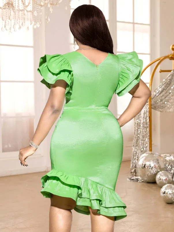 AOMEIDRESS Green Shiny Satin Dress V Neck Ruffle Sleeve Diamond Belt