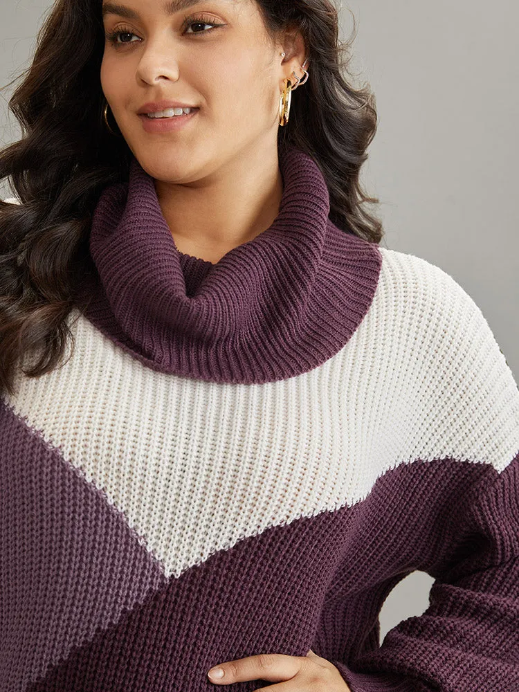 Asymmetrical Colorblock Turtle Neck Drop Shoulder Pullover