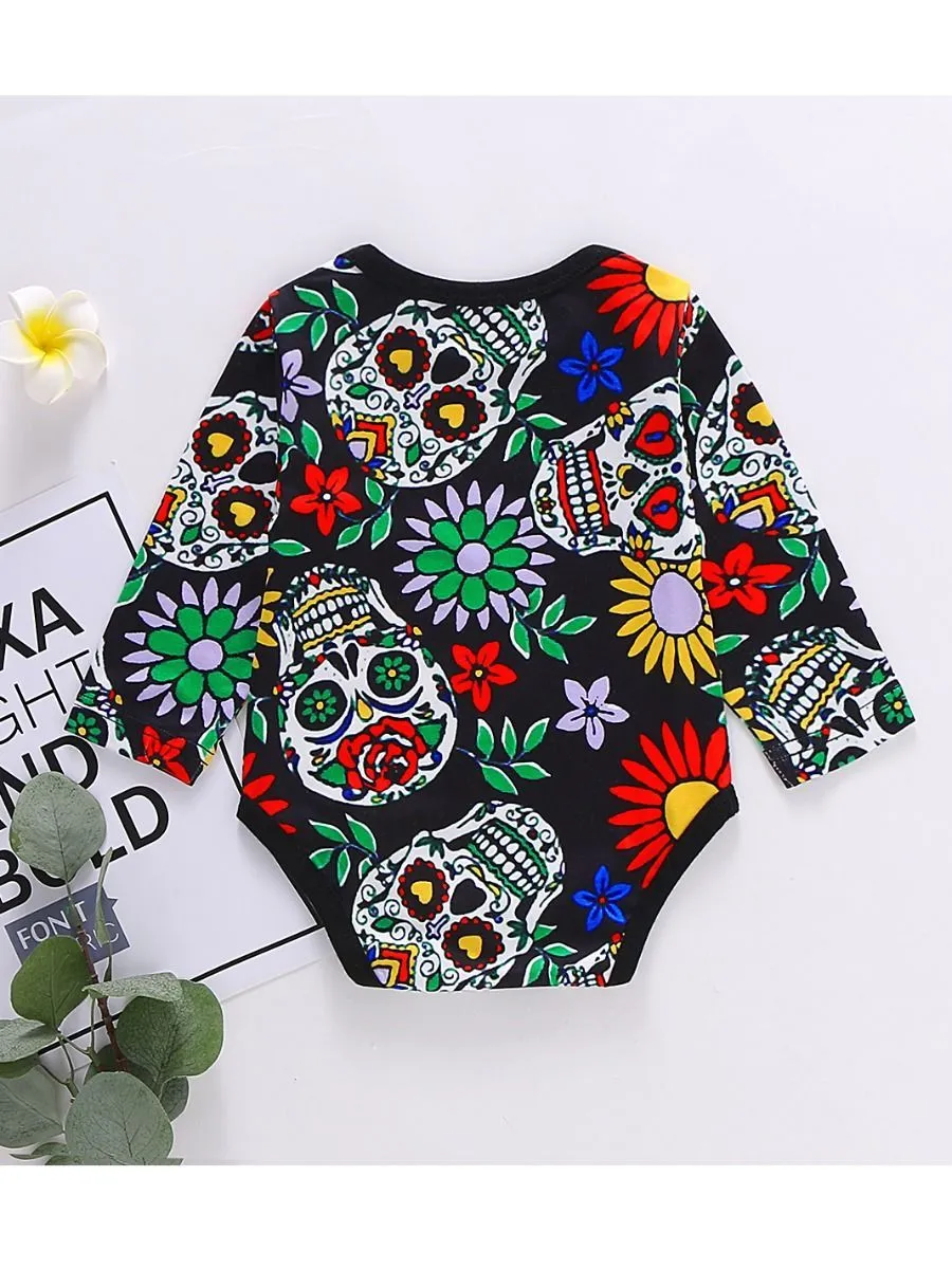 Baby Girls Floral & Skull Round neck Long Sleeves Romper