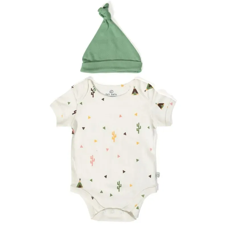 Baby Happy Camper Short Sleeves Bodysuit With An Organic Cotton Cap - White