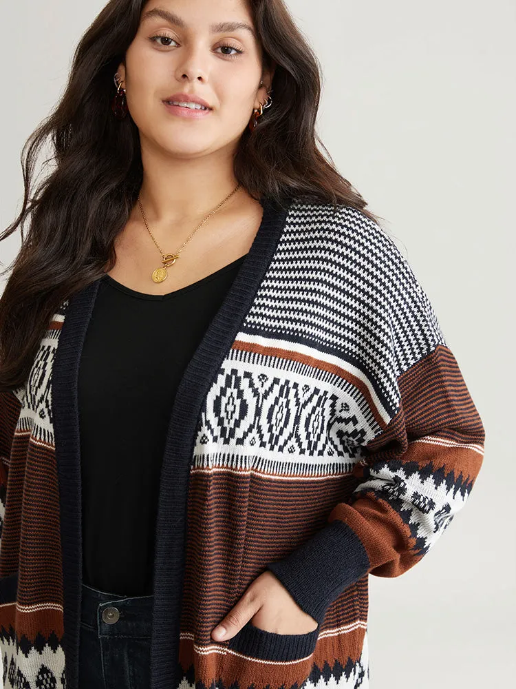 Bandana Print Open Front Patched Pocket Cardigan