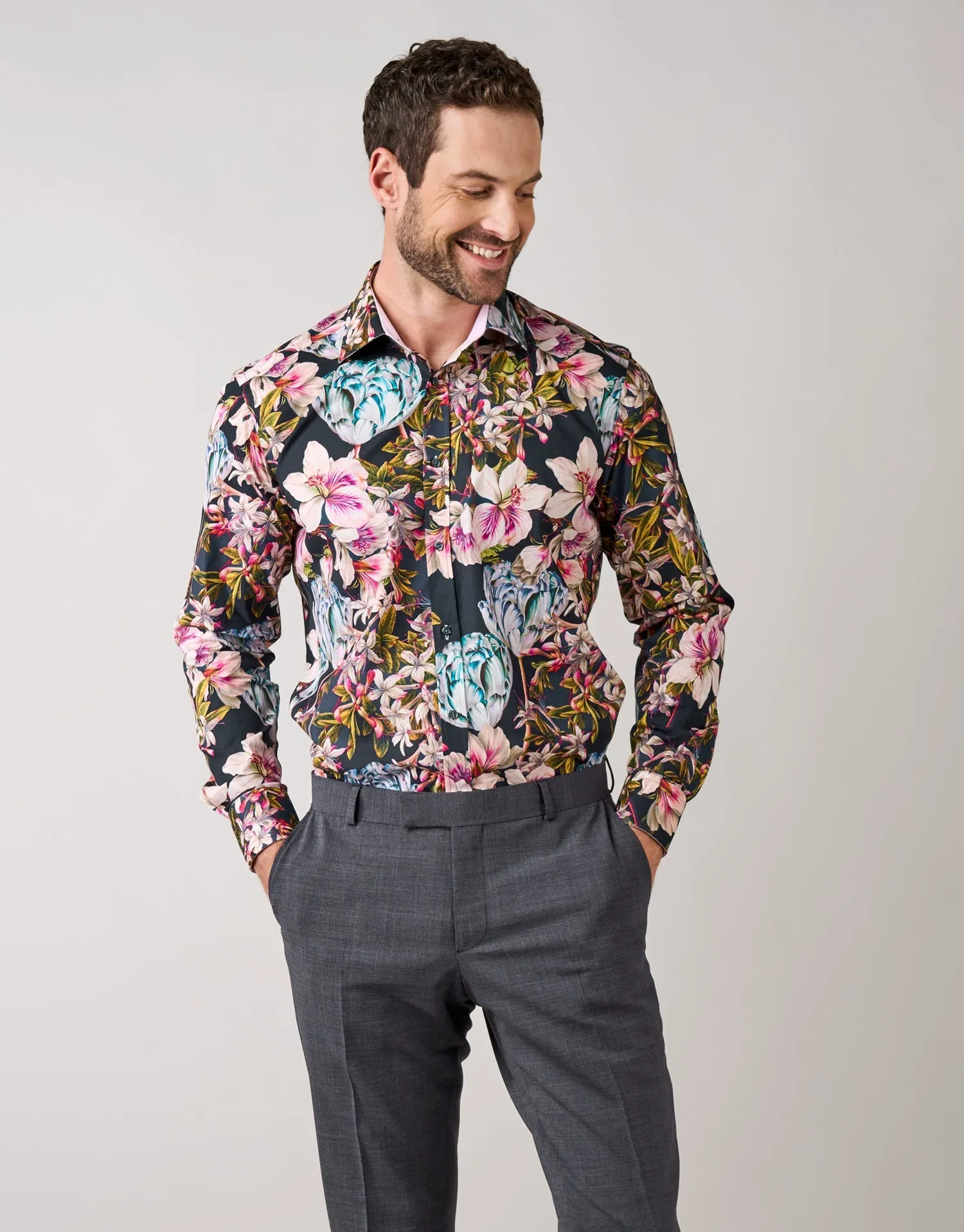 Barbican Navy Large Floral Print Shirt