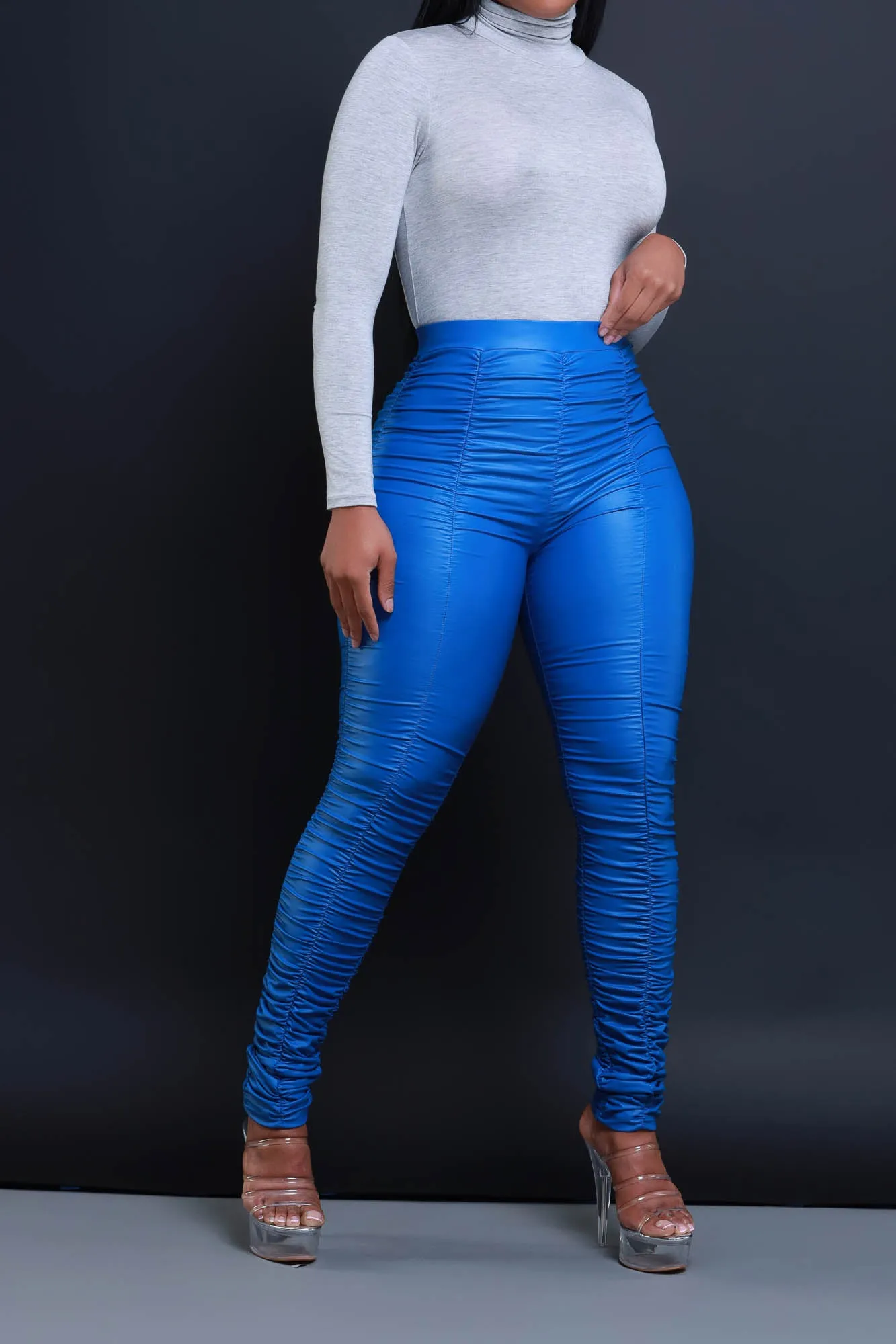 Be Honest Ruched High Waist Pants - Royal Blue Faux Leather Leggings