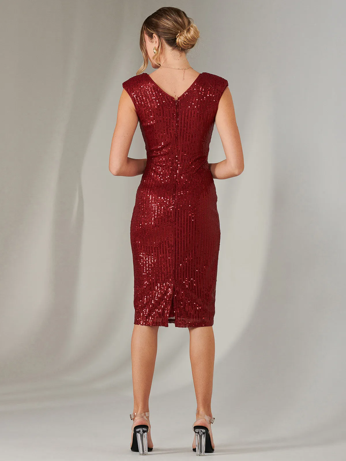 Bennett Sequin Bodycon Midi Dress, Dark Red