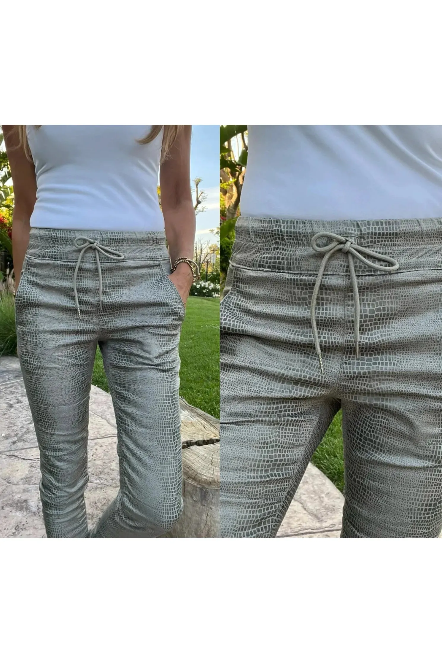 Bevy Flog Shely Drawstring Pants | Green Gray Snake | Offered Online Only