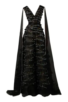 BLACK LAYERED FLOOR LENGTH GOWN WITH SCARF