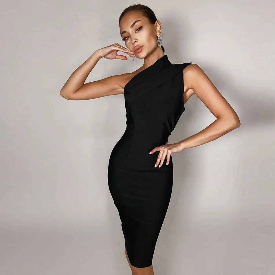 Black One Shoulder Bandage Dress Women Sexy Sleeveless Bodycon