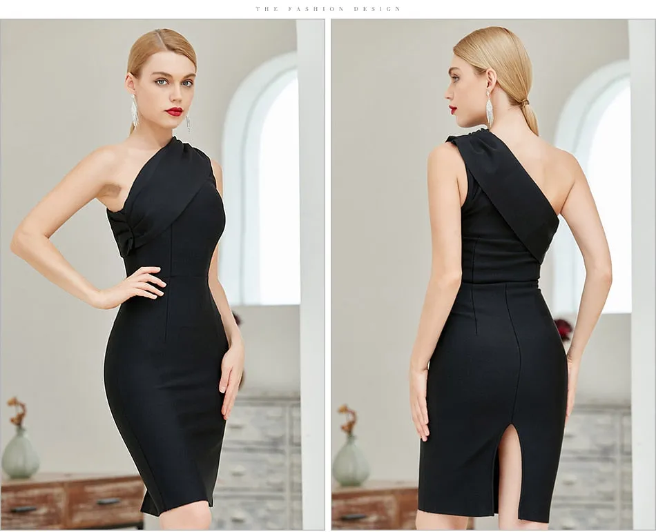 Black One Shoulder Bandage Dress Women Sexy Sleeveless Bodycon