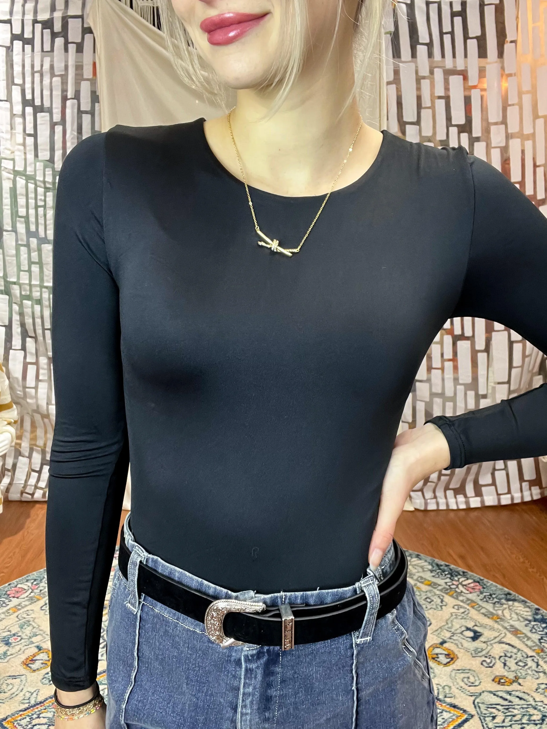 Black Round Neck Long Sleeve Bodysuit