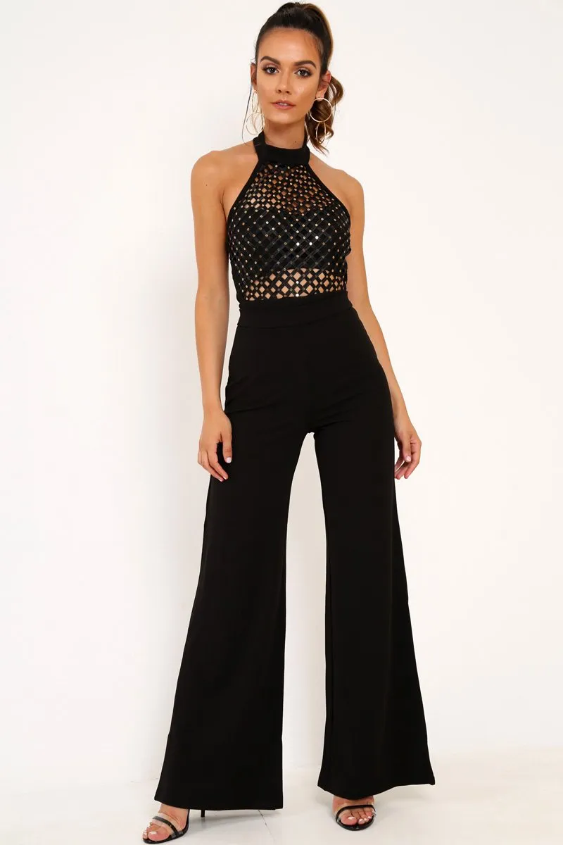 Black Sequin Caged Halterneck Bodysuit - Aanvi