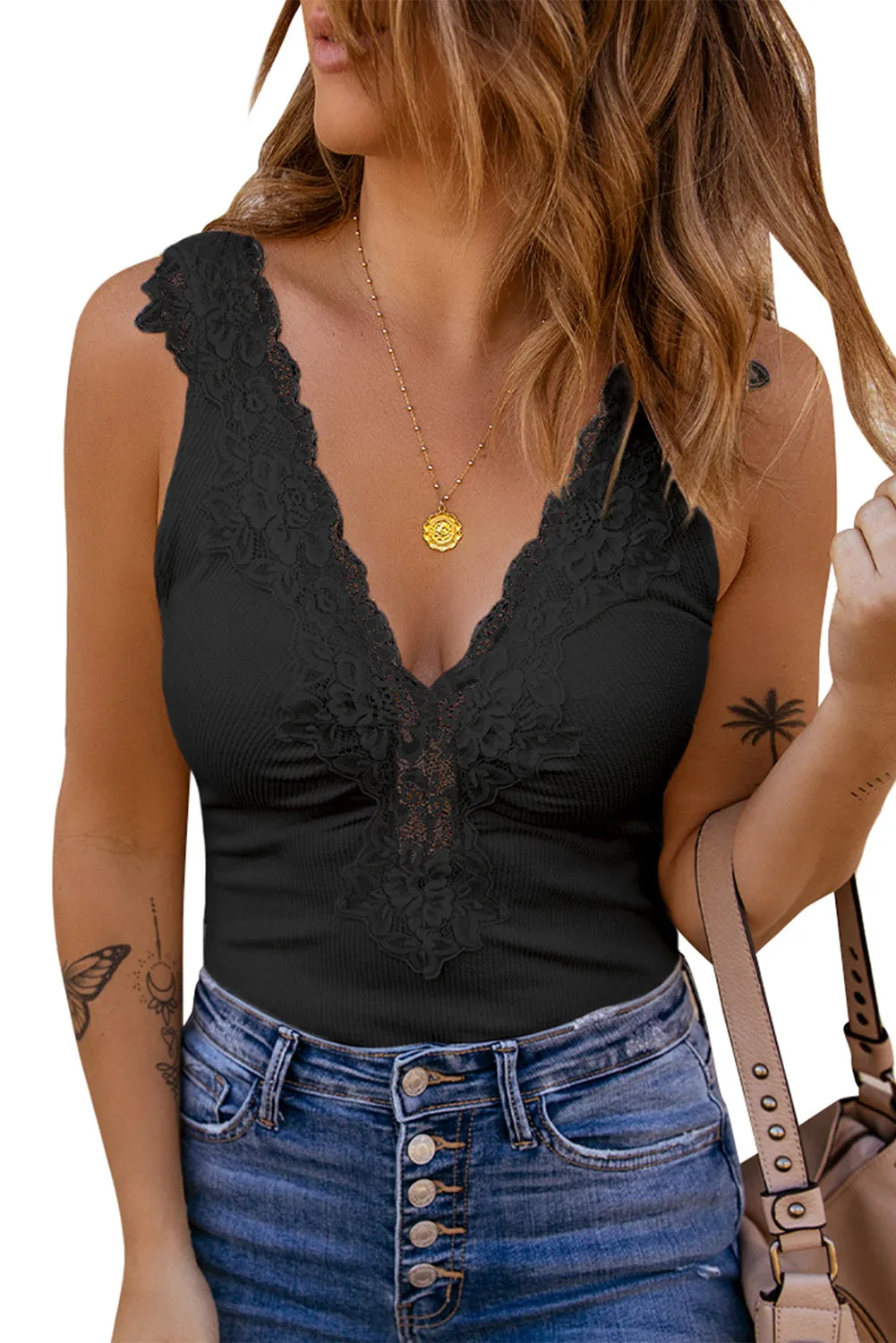 Black Sheer Lace Knit V Neck Sleeveless Bodysuit