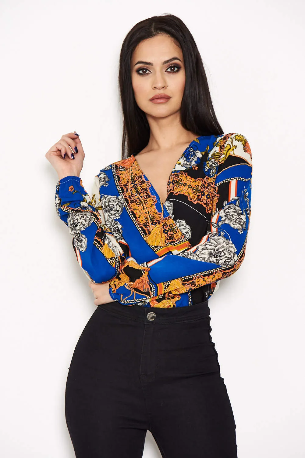 Blue Printed Wrap Bodysuit