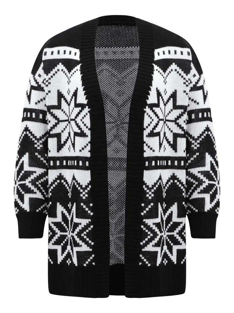 Boho Print Open Front Jacquard Cardigan