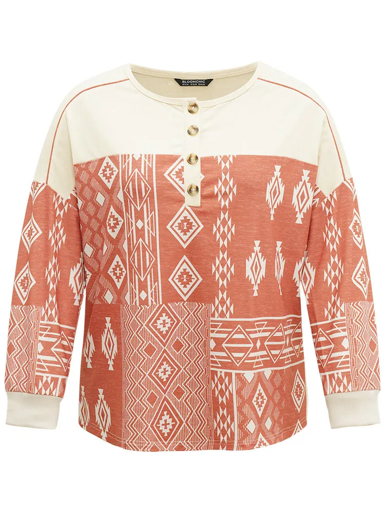 Boho Print Patchwork Contrast Button Up Sweatshirt