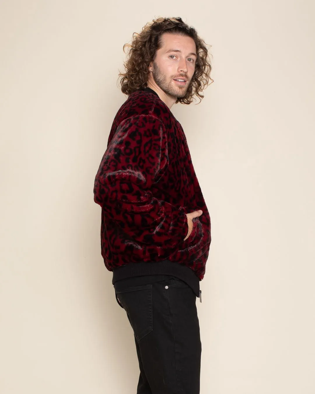 Burgundy Leopard Ultra Soft Faux Fur Bomber Jacket | Men's