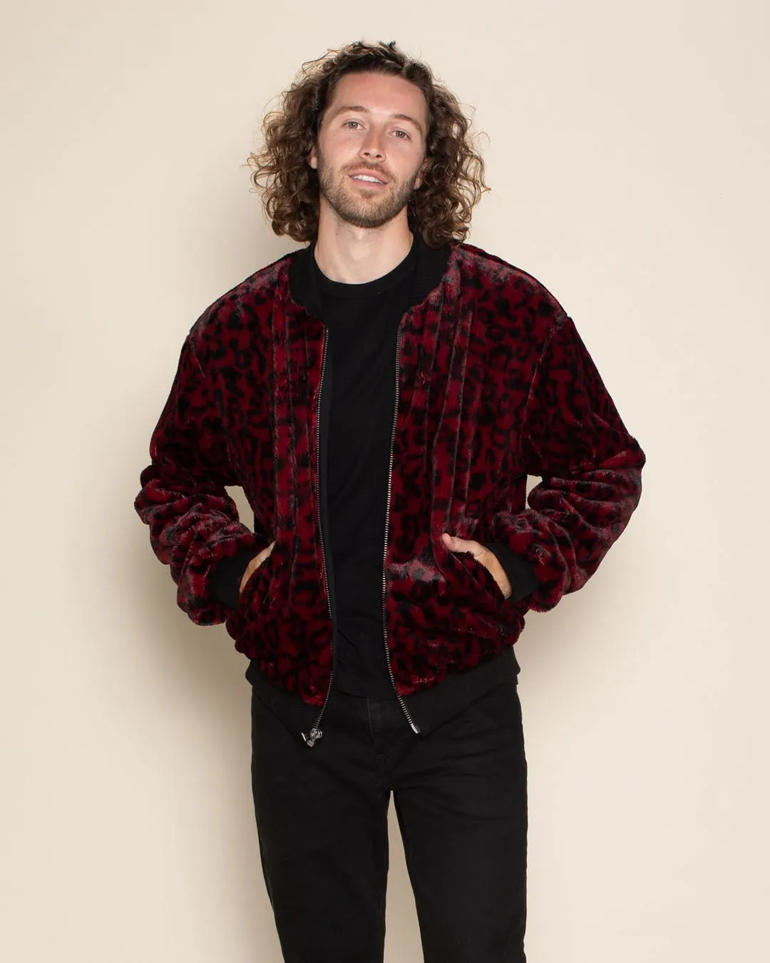 Burgundy Leopard Ultra Soft Faux Fur Bomber Jacket | Men's