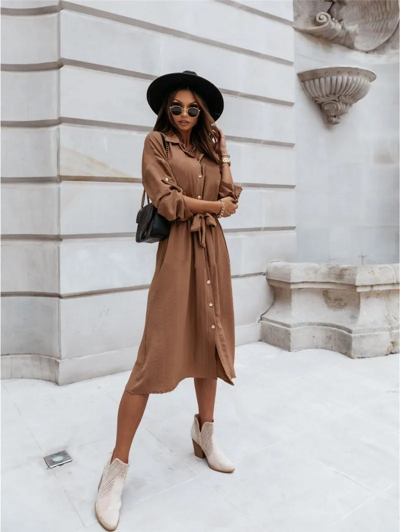 Button Solid Color Sleeve Elegant Lace-Up Business Casual Dresses Wholesale Shirtdress