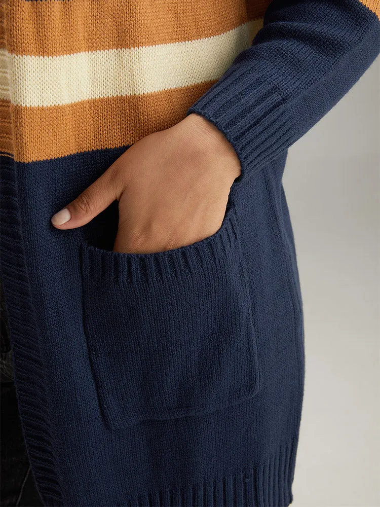 Cable Knit Colorblock Contrast Open Front Cardigan