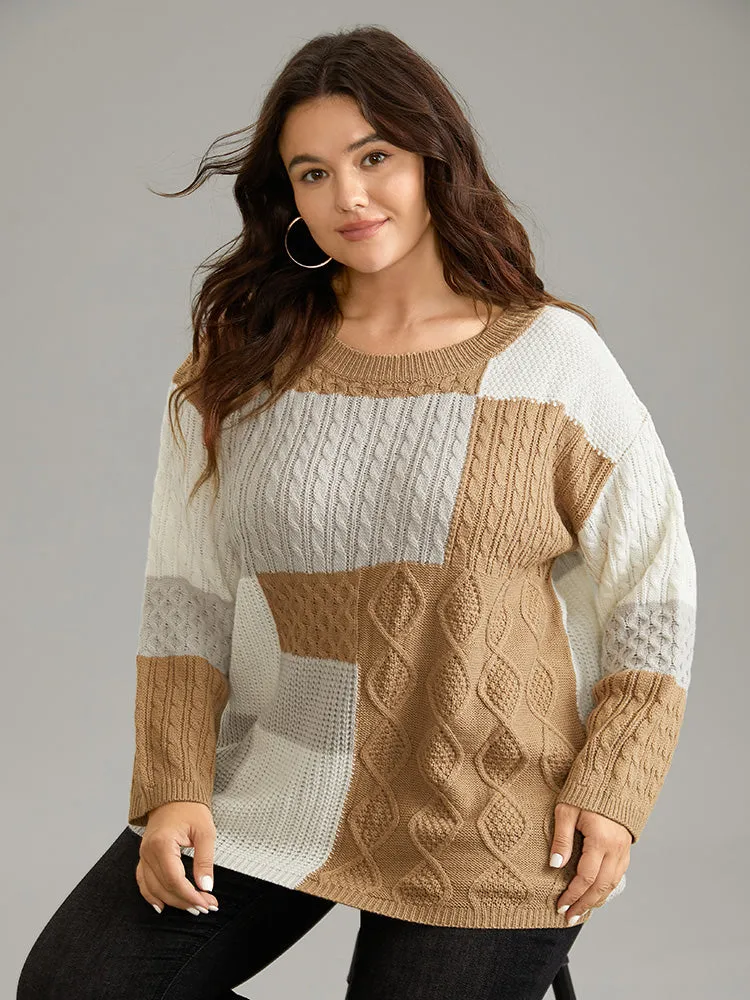 Cable Knit Colorblock Patchwork Pullover