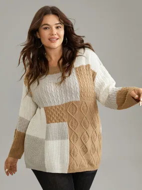 Cable Knit Colorblock Patchwork Pullover