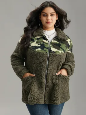 Camo Patchwork Zipper Pocket Teddy Jacket