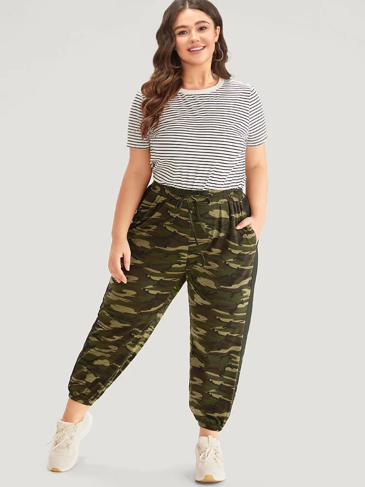 Camo Print Drawstring Pocket Patchwork Sweatpants