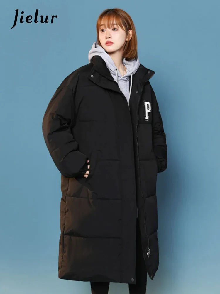 Casual P Letter Print Cotton Jackets Women Bread Coat Female Korean Parkas Loose Brown White Jacket Woman Medium Length