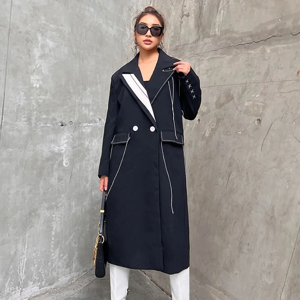 Casual Straight Windbreakers For Women Notched Collar Long Sleeve Spliced Buttons Temperament Windbreaker Female Autumn