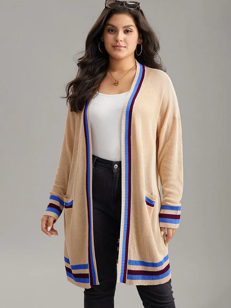 Contrast Striped Patched Pocket Drop Shoulder Cardigan