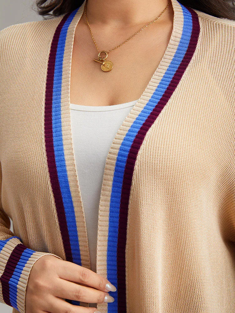 Contrast Striped Patched Pocket Drop Shoulder Cardigan