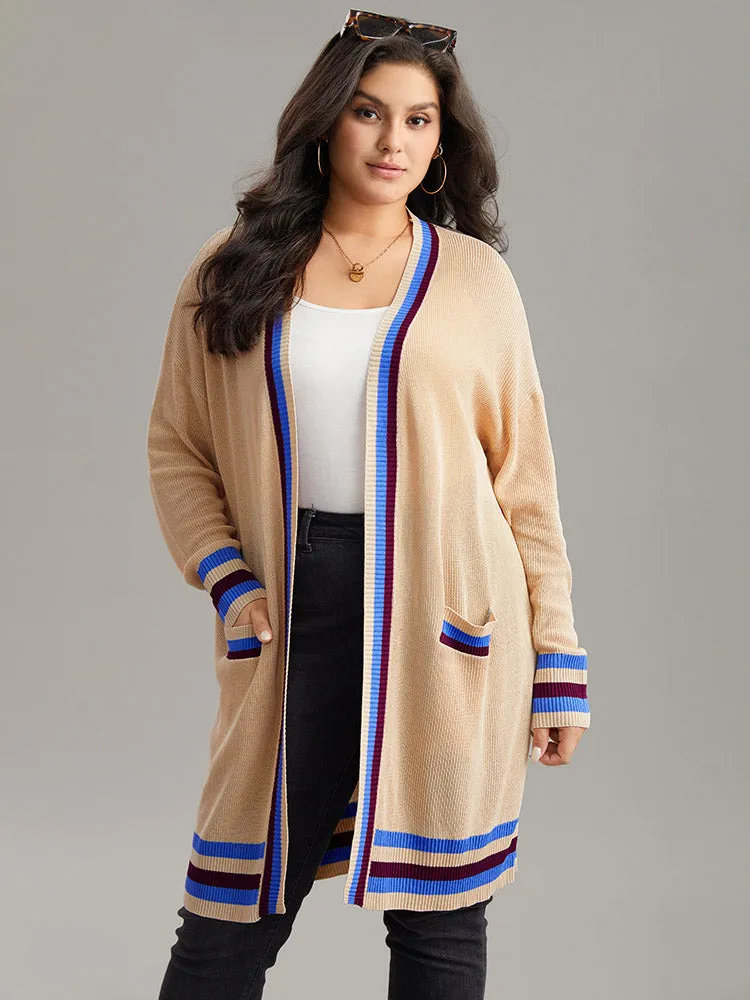 Contrast Striped Patched Pocket Drop Shoulder Cardigan