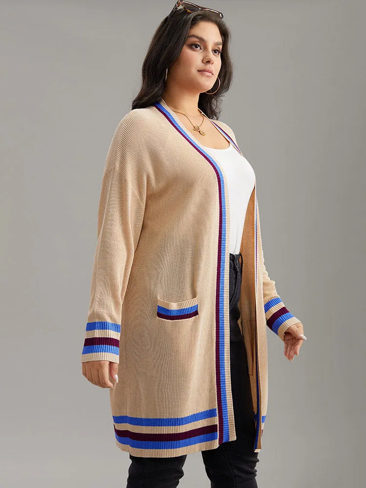 Contrast Striped Patched Pocket Drop Shoulder Cardigan