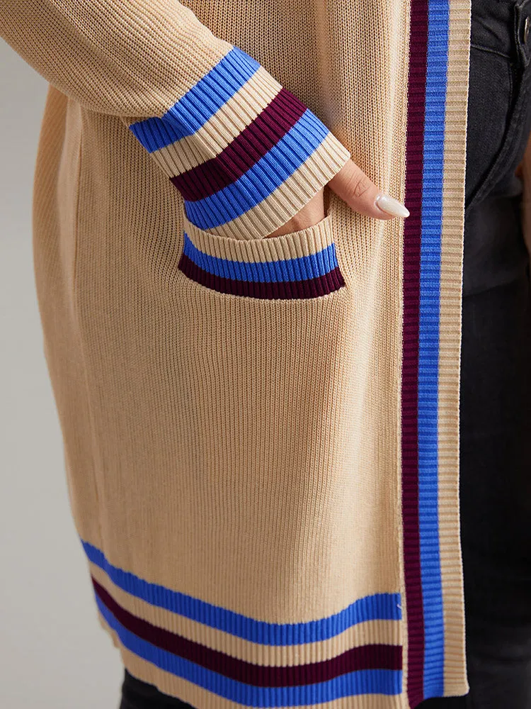 Contrast Striped Patched Pocket Drop Shoulder Cardigan