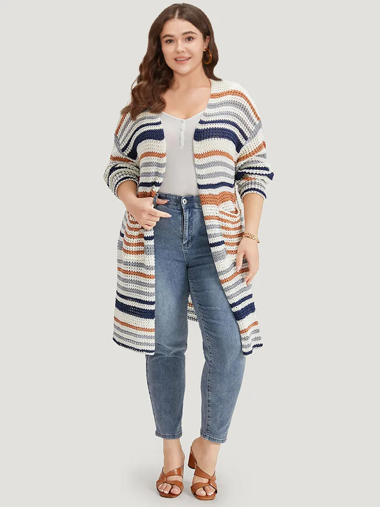 Contrast Striped Patched Pocket Split Side Cardigan