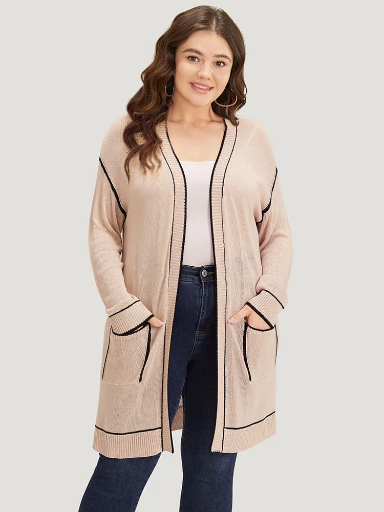 Contrast Trim Patched Pocket Drop Shoulder Cardigan